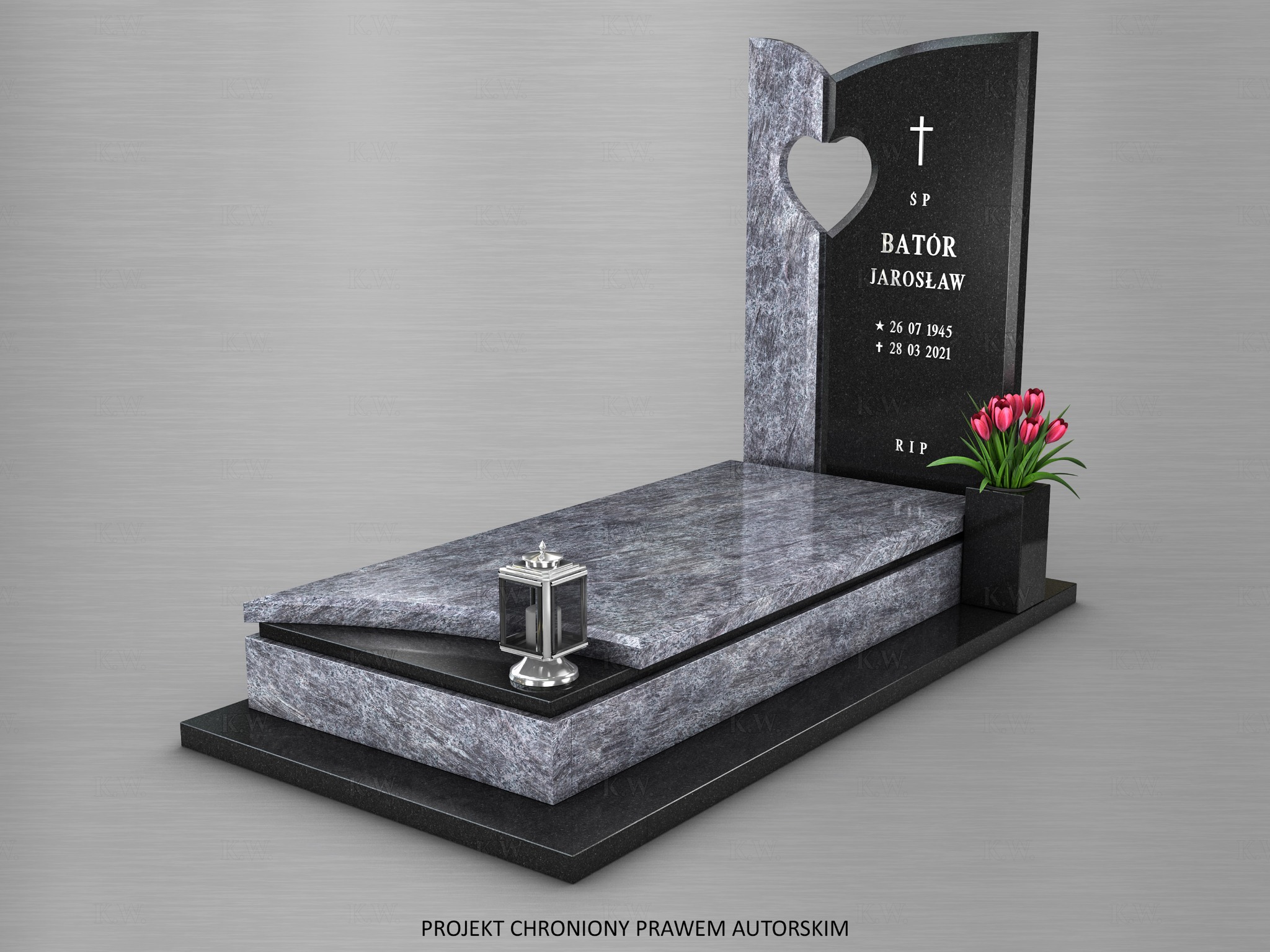 Wizualizacja nagrobka z ciemnego i szarego granitu, z wyciętym sercem w górnej części pomnika, lampionem i kwiatami w czarnej doniczce.
