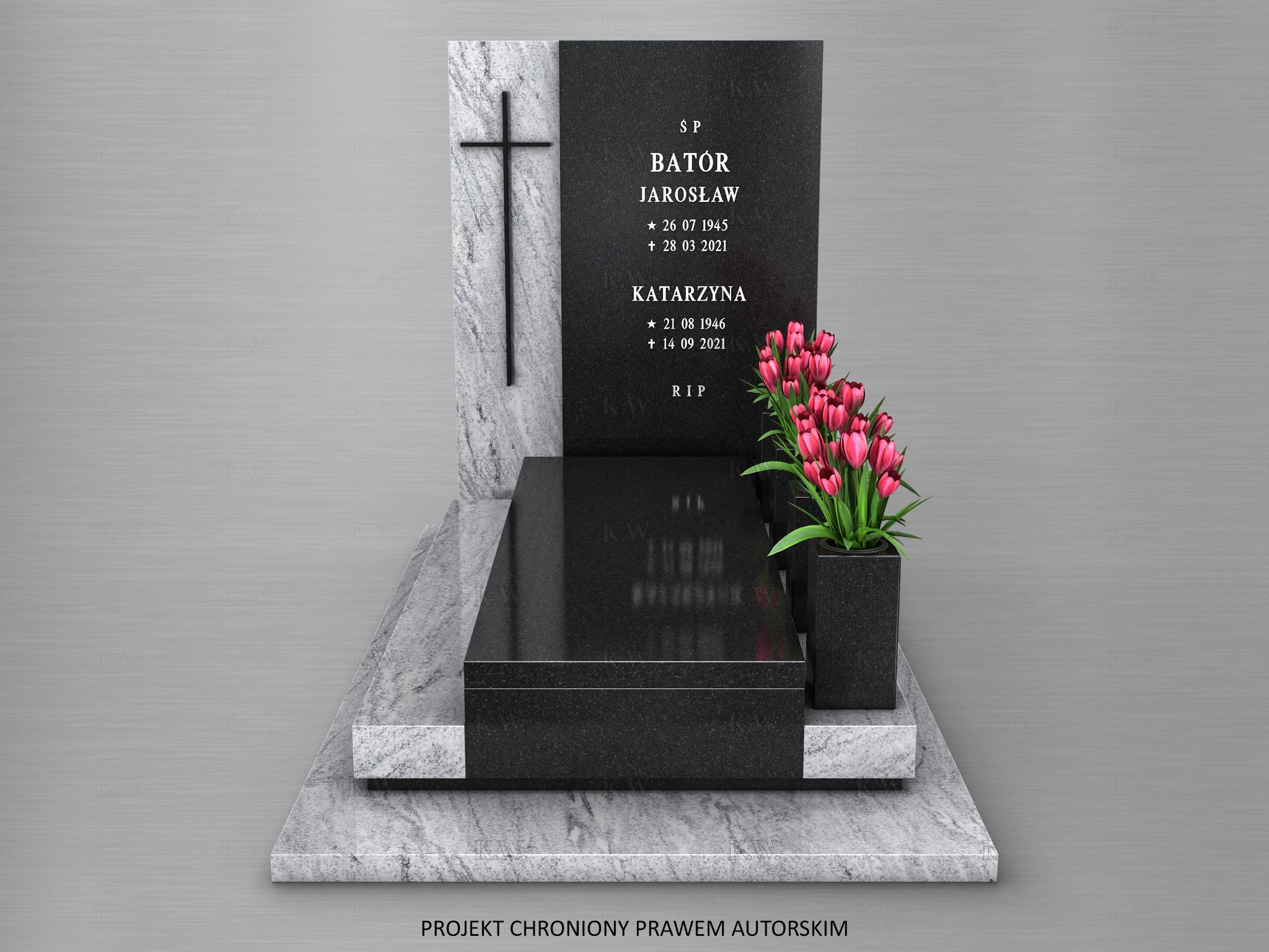 Czarny, nowoczesny pomnik z jasnoszarym akcentem, krzyżem i kwiatami w doniczce; widoczny napis z imionami i datami.