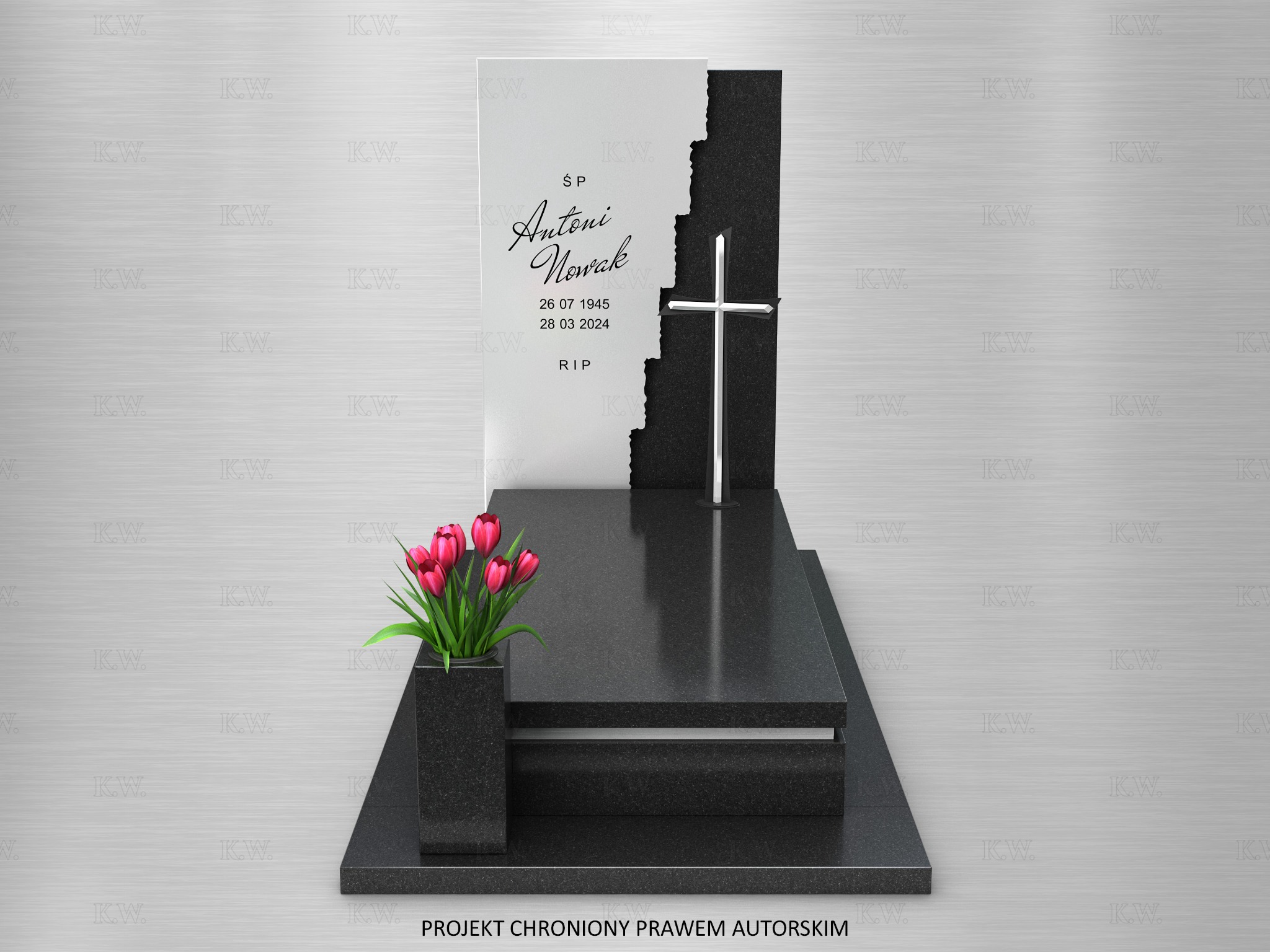 Czarno-biały nagrobek z krzyżem i kwiatami w Siemianowicach Śląskich. Minimalistyczny design, gładki kamień. Projekt chroniony prawem autorskim.