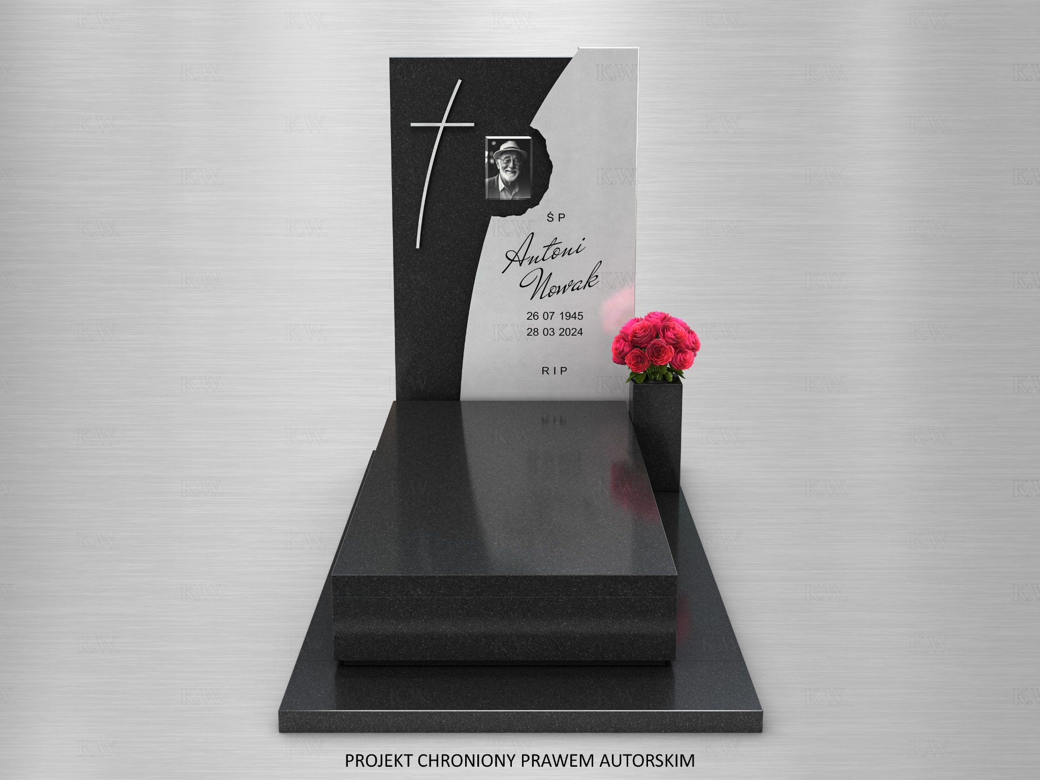 Czarny, nowoczesny nagrobek z granitu z wygrawerowanym krzyżem, zdjęciem zmarłego i różowymi różami w wazonie. Projekt chroniony prawem autorskim.