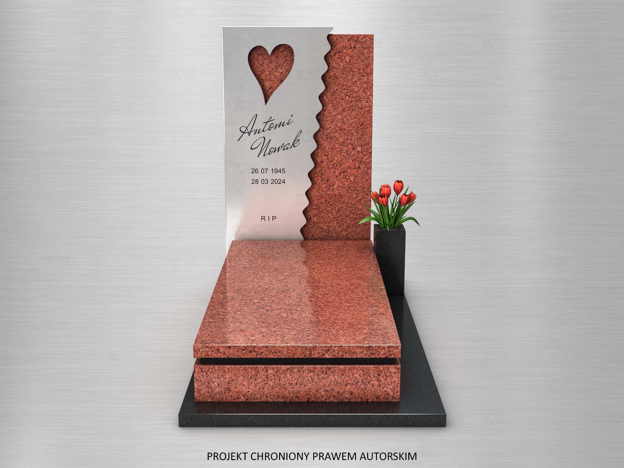 Nowoczesny pomnik z czerwonego granitu z wyciętym sercem i napisem 'Antoni Nowak', uzupełniony o tulipany w czarnym wazonie. Projekt chroniony prawem autorskim.