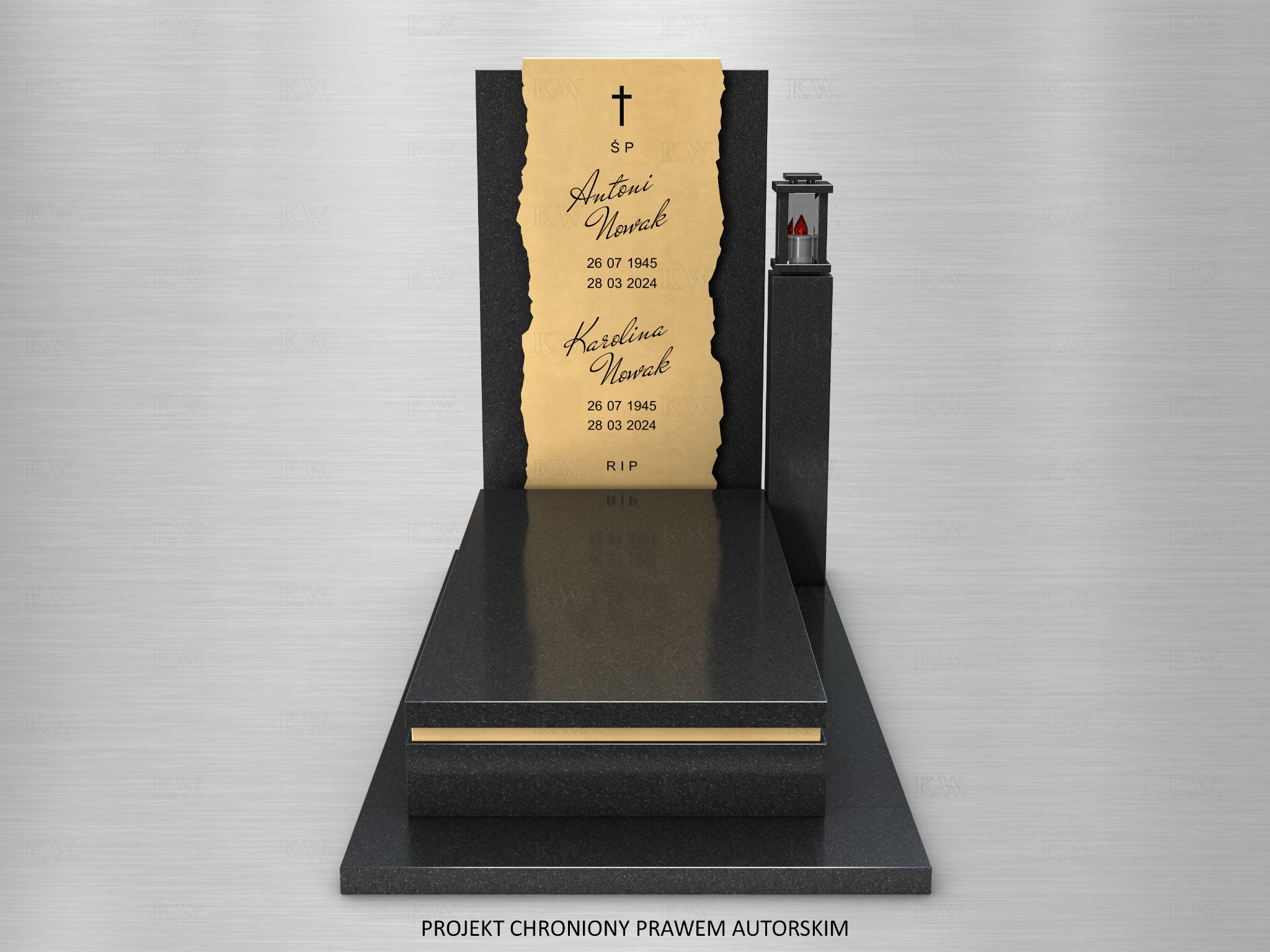 Elegancki, czarny pomnik z granitu z inskrypcjami imion Antoni i Karolina Nowak, datami urodzin i śmierci, zwieńczony krzyżem i lampionem. Projekt chroniony prawem autorskim.