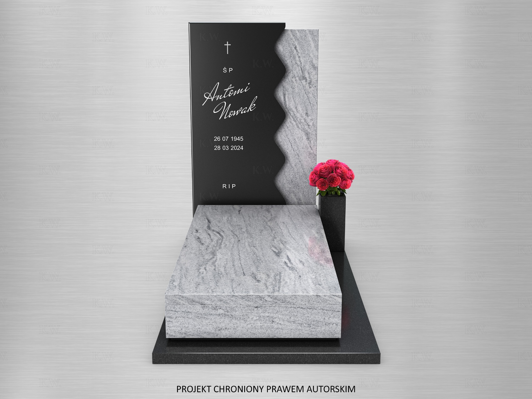 Elegancki, nowoczesny pomnik z jasnego granitu z ciemnym akcentem i bukietem róż. Widoczny napis 'Antoni Nowak' i daty urodzin i śmierci. Projekt chroniony prawem autorskim.