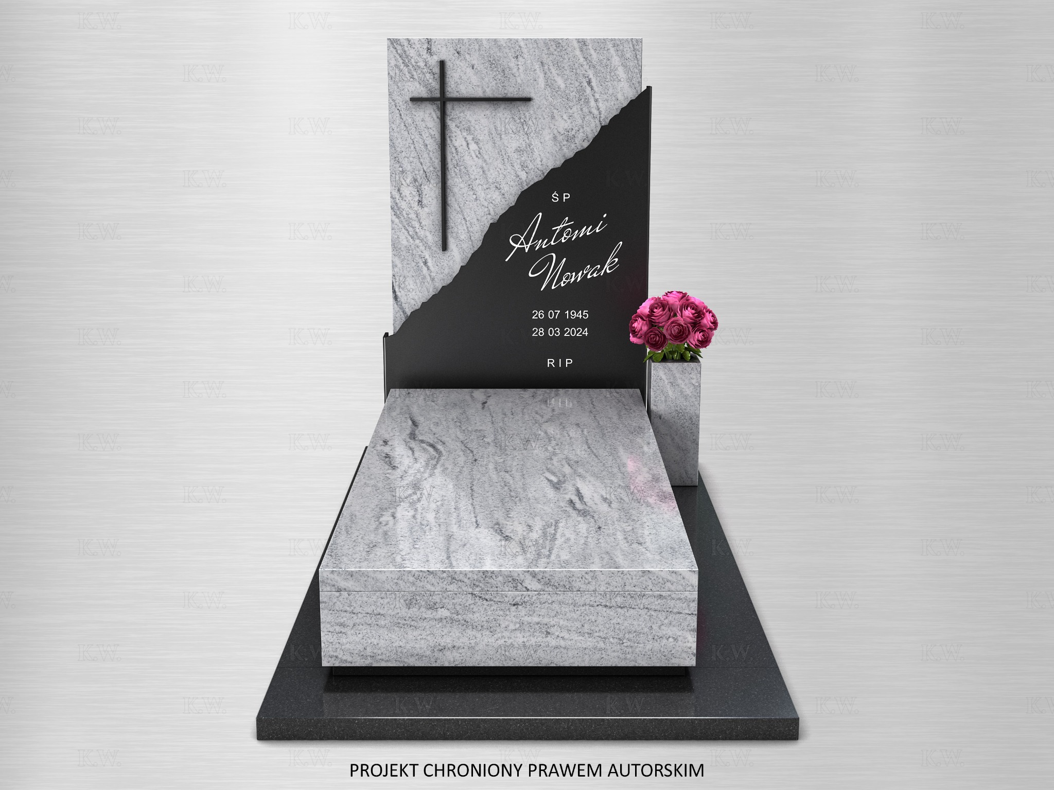 Nowoczesny pomnik z jasnego granitu z czarnym akcentem, krzyżem i różami. Projekt chroniony prawem autorskim. Minimalistyczny design, elegancki wygląd.
