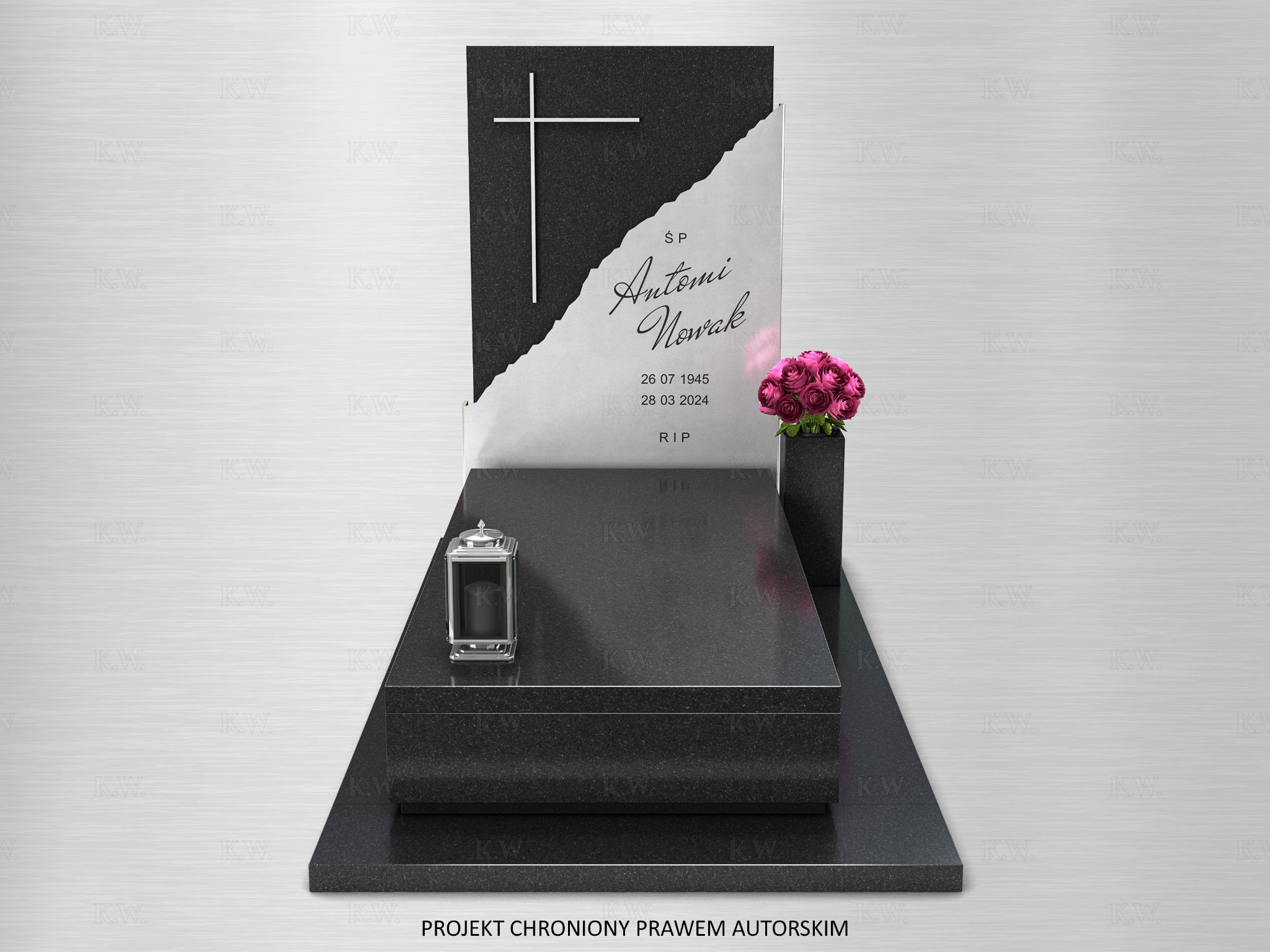 Czarny, granitowy pomnik z białym akcentem, krzyżem i napisem 'Antoni Nowak', ozdobiony lampionem i różowymi kwiatami. Projekt chroniony prawem autorskim.