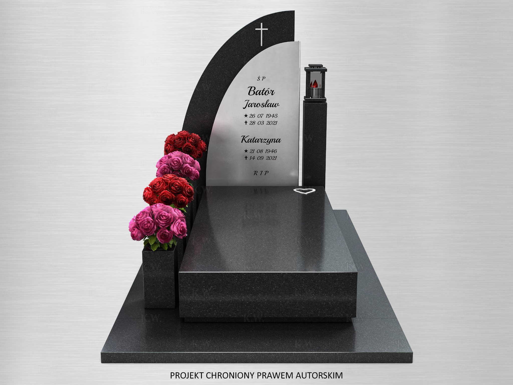 Czarny, nowoczesny pomnik z granitu z kwiatami i lampionem, z inskrypcjami imion i dat. Projekt chroniony prawem autorskim. Minimalistyczny design.