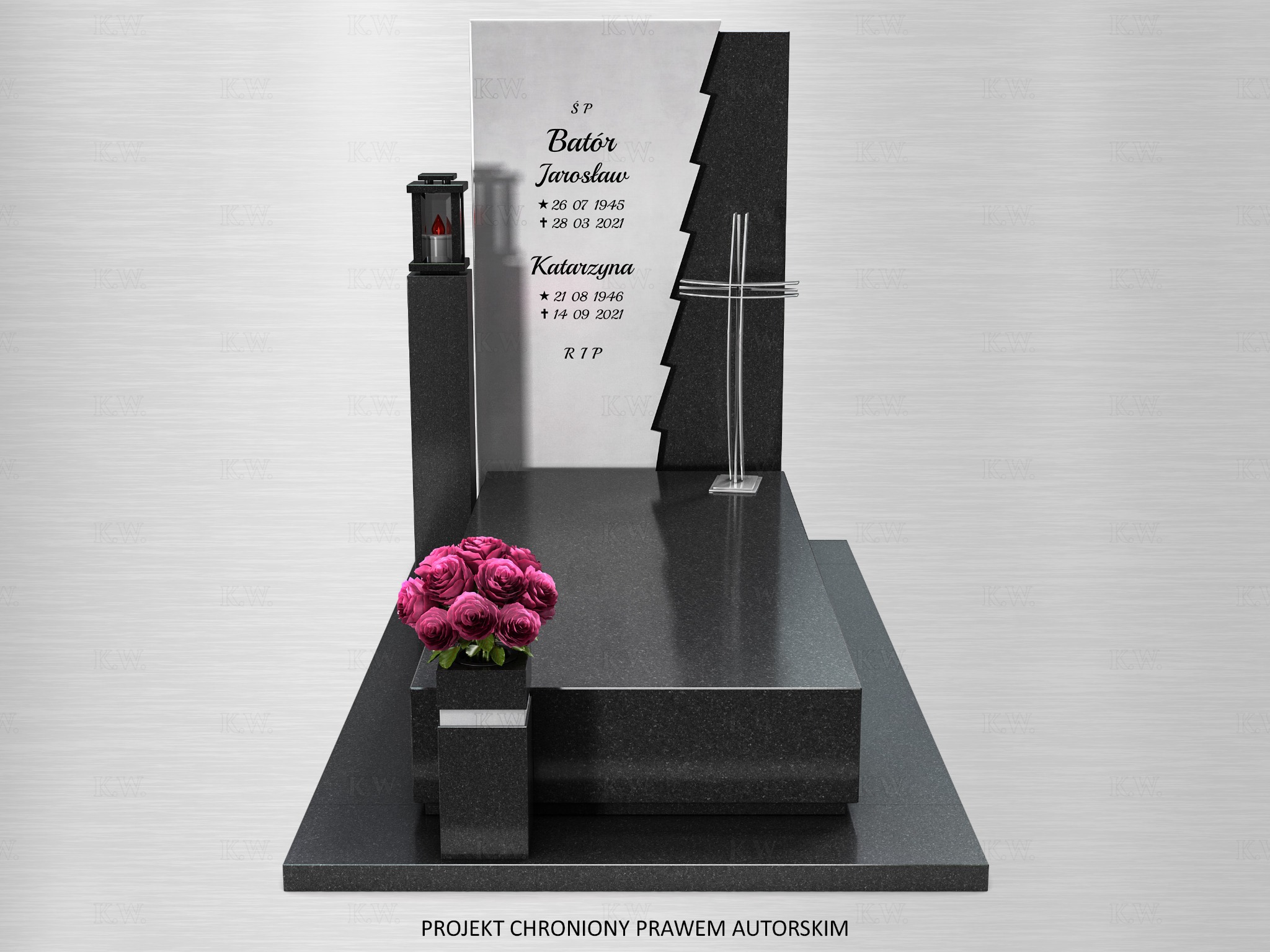 Czarny, nowoczesny pomnik z granitu z metalowym krzyżem, lampionem i różowymi różami w wazonie. Napisy: Bator Jarosław, Katarzyna, daty urodzin i śmierci.