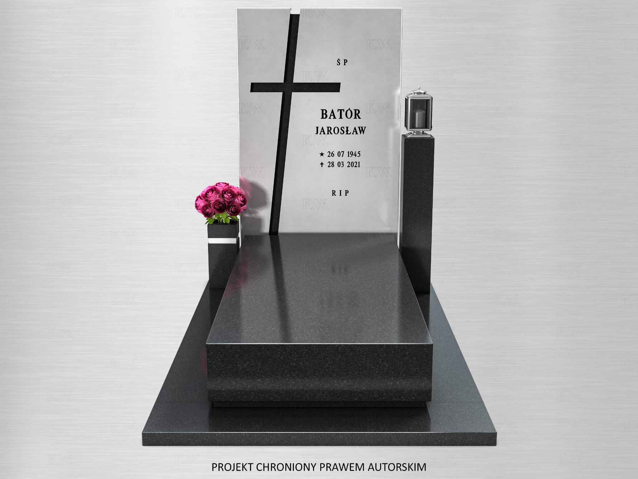 Elegancki, czarny nagrobek z krzyżem i lampionem, ozdobiony różowymi kwiatami. Widoczny napis 'BATOR JAROSŁAW' i daty urodzin oraz śmierci. Projekt chroniony prawem autorskim.
