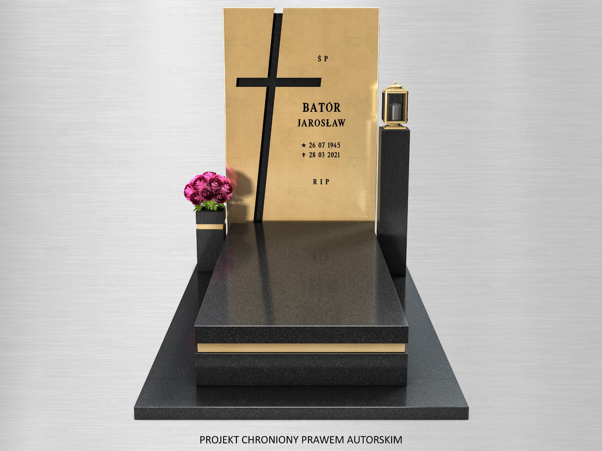 Elegancki, czarno-złoty pomnik z ciemnego granitu z krzyżem i datami urodzin i śmierci. Z boku lampion i kwiaty. Projekt chroniony prawem autorskim.