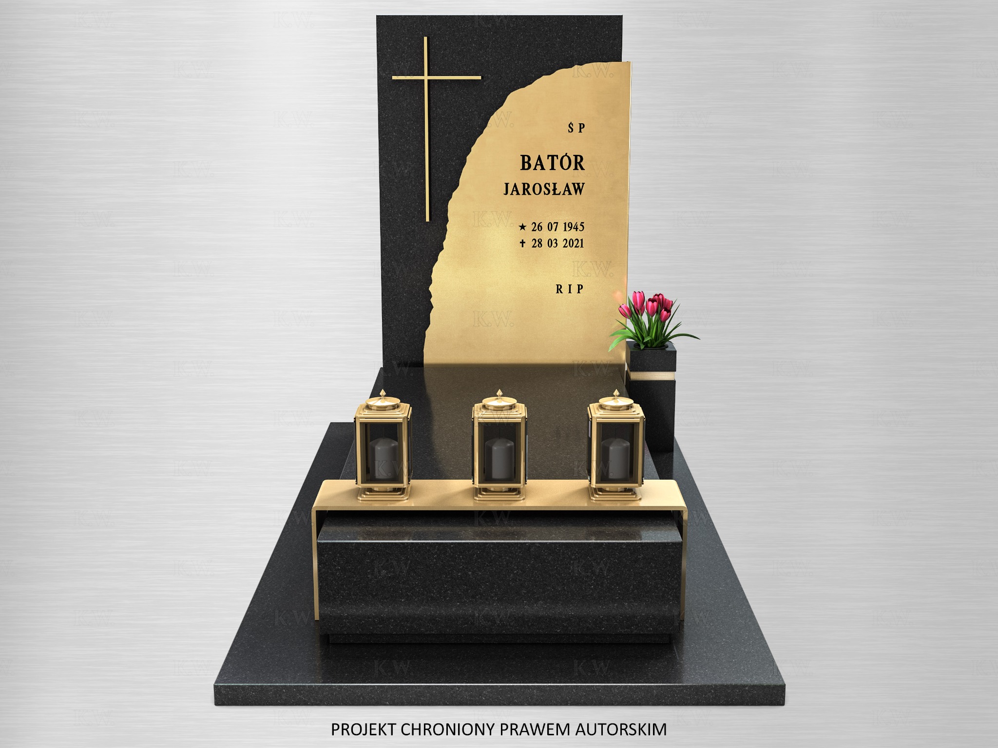 Elegancki pomnik z czarnego granitu z złotymi akcentami, inskrypcją 'Batór Jarosław' i trzema lampionami, na jasnym tle. Projekt chroniony prawem autorskim.