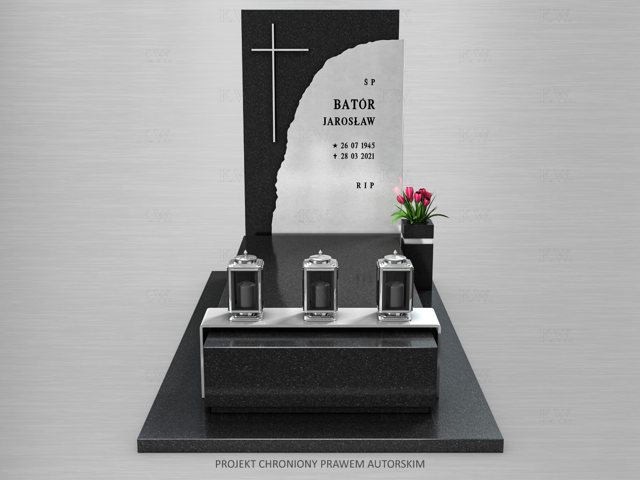 Czarno-biały nagrobek z granitu z krzyżem, napisem 'Ś.P. BATOR JAROSŁAW' i datami. Na podstawie trzy lampiony i kwiaty. Projekt chroniony prawem autorskim.