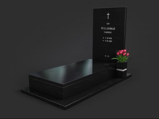Czarny, granitowy pomnik z inskrypcją 'ŚP Wielgomas Dariusz' i datami, ozdobiony bukietem tulipanów w minimalistycznym wazonie, na ciemnym tle.
