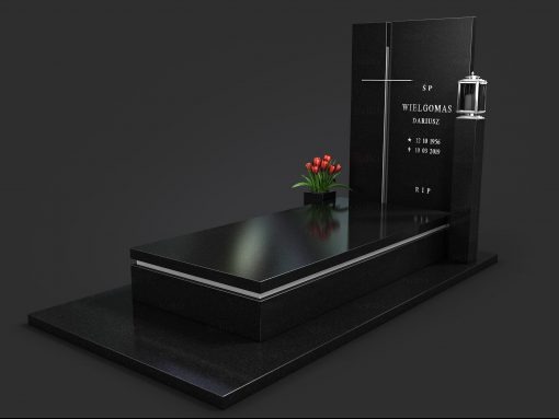 Czarny, nowoczesny pomnik z granitu z krzyżem, lampionem i kwiatami w doniczce. Minimalistyczny design, gładka powierzchnia, elegancki wygląd. Precyzyjne wykonanie.