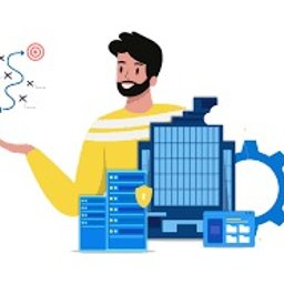 K&M Technology Daniel Kolasiński - Uśmiechnięty mężczyzna w żółtym swetrze prezentuje wizualizację strategii z celem, serwery, budynek biurowy i zębatkę, symbolizujące planowanie i infrastrukturę biznesową.