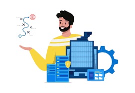 Uśmiechnięty mężczyzna w żółtym swetrze prezentuje wizualizację strategii z celem, serwery, budynek biurowy i zębatkę, symbolizujące planowanie i infrastrukturę biznesową.