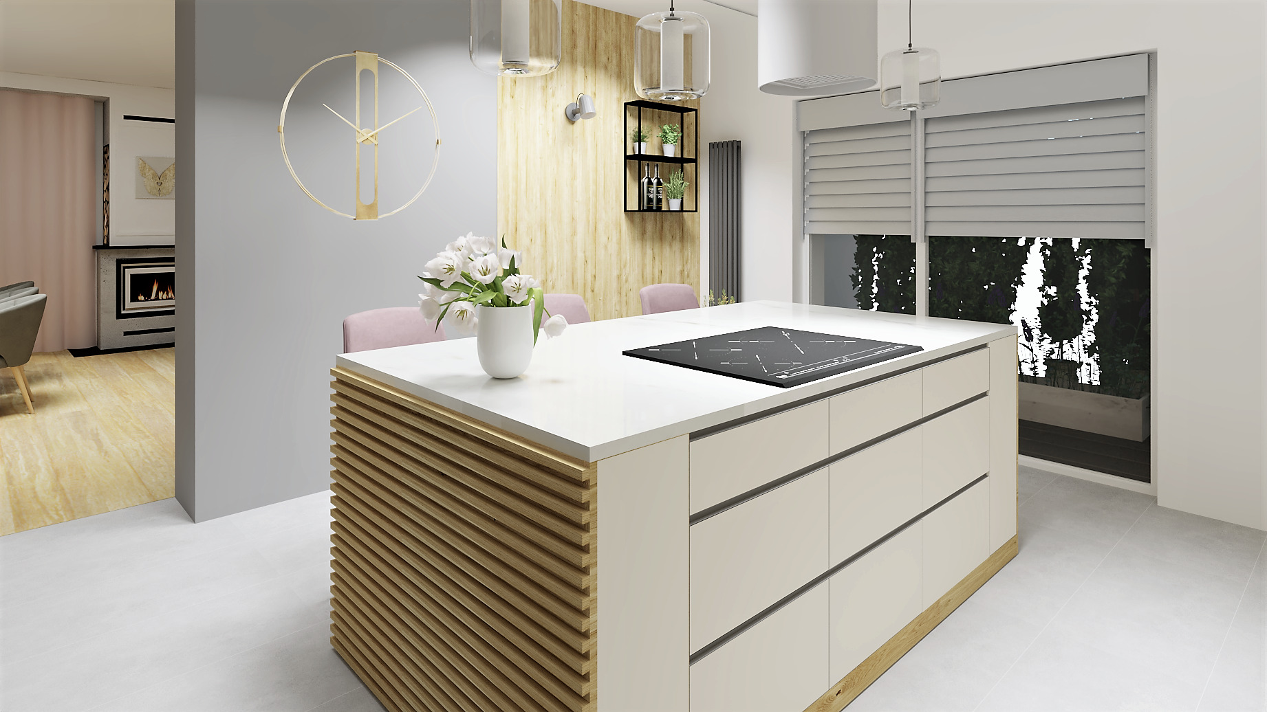 Wizualizacja nowoczesnej kuchni z wyspą o białym blacie i frontach w kolorze złamanej bieli, z dekoracyjnym wykończeniem z drewnianych listewek, płyta indukcyjna na wyspie, w tle widoczne krzesła...