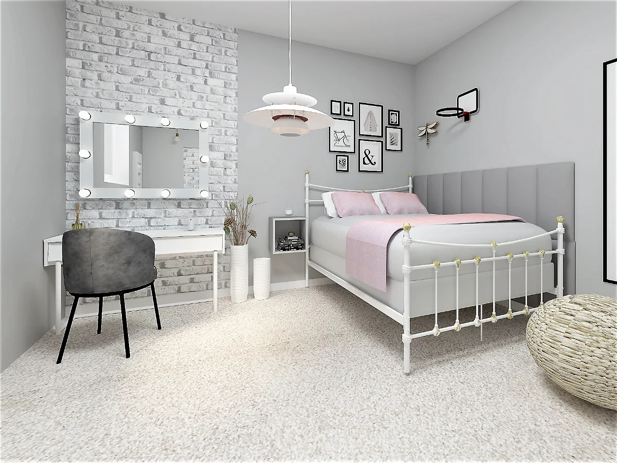 Jasna sypialnia w stylu skandynawskim z białym łóżkiem z metalową ramą i szarą tapicerowaną ścianą, toaletka z lustrem podświetlanym żarówkami, dekoracje ścienne w postaci ramek i kosza do koszykówki.
