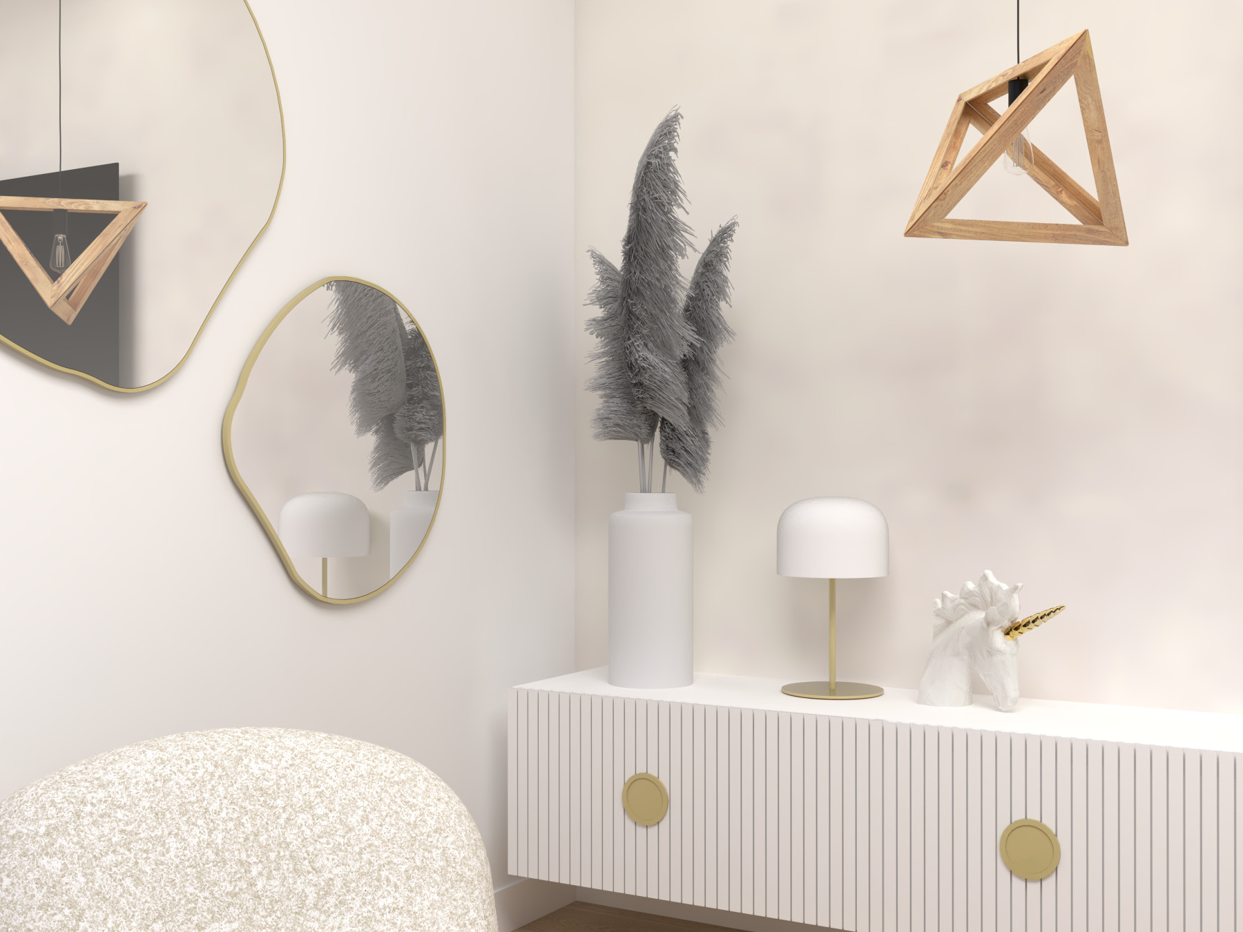 Nowoczesne wnętrze z kremowymi ścianami, okrągłymi lustrami ze złotymi ramami, geometryczną lampą z drewna, białą komodą z ryflowanymi drzwiami i złotymi uchwytami, wysoką białą wazą z szarymi...