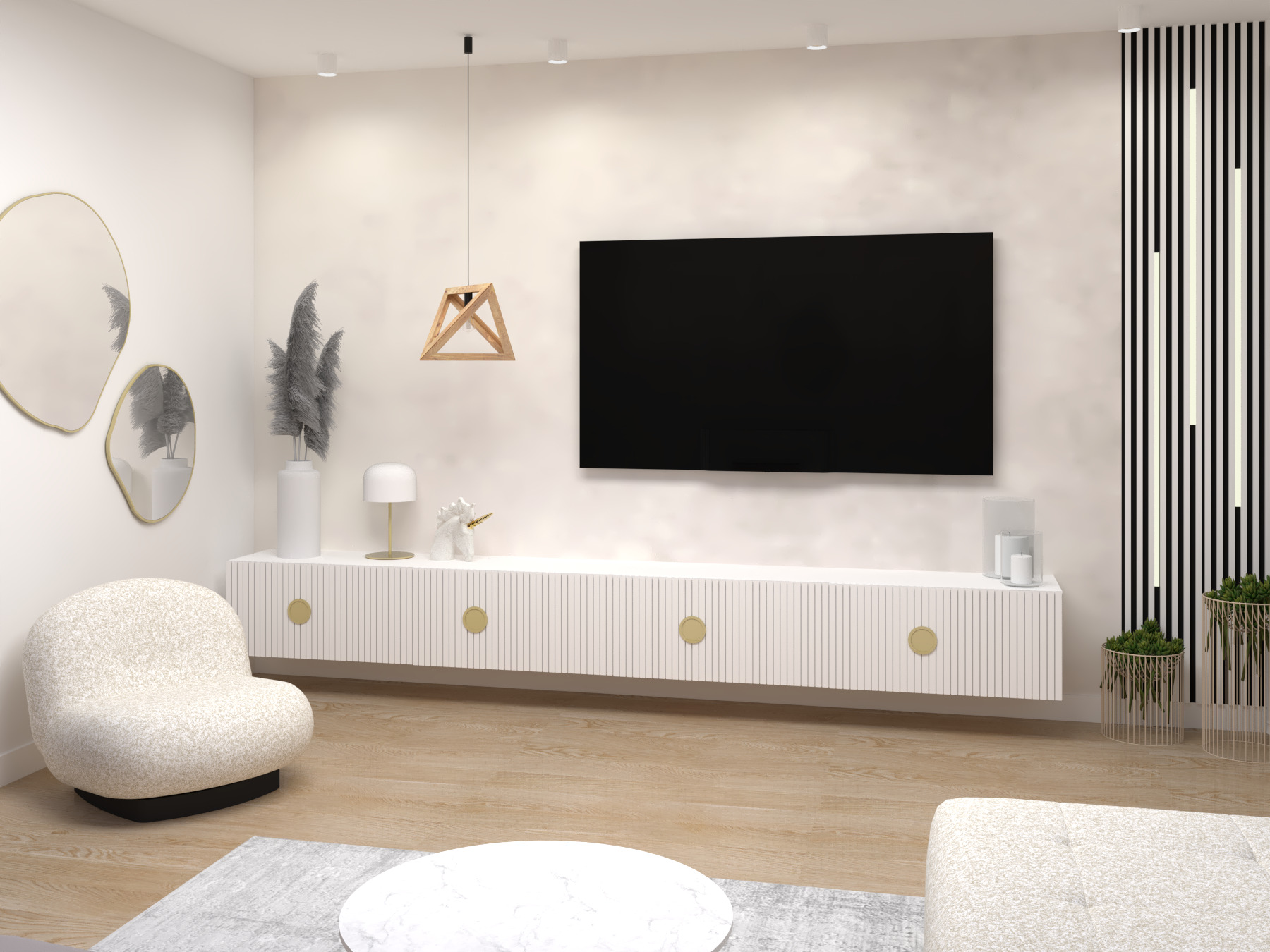 Nowoczesny salon z białymi meblami, telewizorem, okrągłymi lustrami, drewnianą lampą i dekoracyjnymi dodatkami.