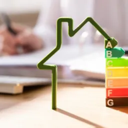 Symbol domu z zielonego drutu i kolorowa skala efektywności energetycznej na biurku, w tle osoba wypełniająca dokumenty i kalkulator.