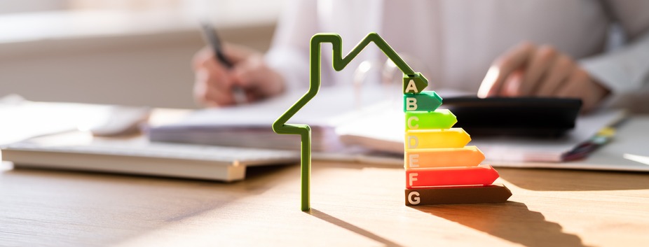 Symbol domu z zielonego drutu i kolorowa skala efektywności energetycznej na biurku, w tle osoba wypełniająca dokumenty i kalkulator.