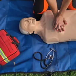 Instruktor wykonuje resuscytację krążeniowo-oddechową na manekinie, obok leży czerwona torba medyczna i stetoskop, całość na niebieskiej macie na trawie.