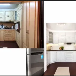 Dwie kuchnie: jedna w odcieniach beżu z drewnianymi frontami i czarną lodówką, druga biała z nowoczesnymi szafkami i oświetleniem punktowym pod szafkami wiszącymi.