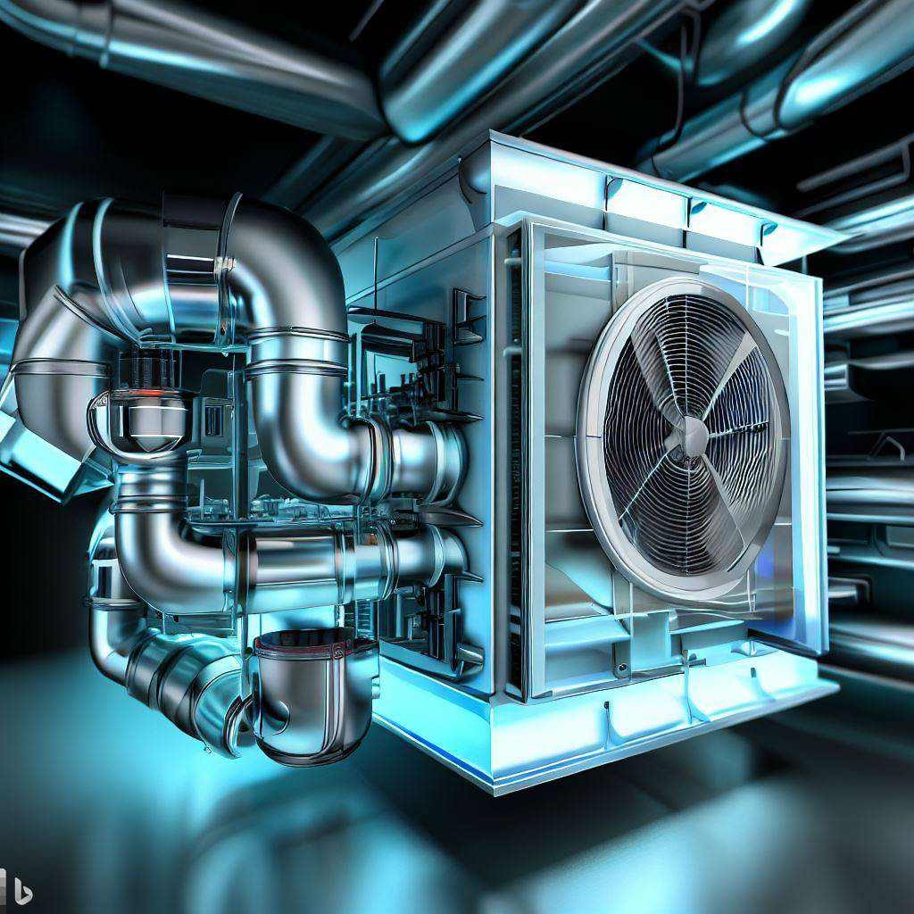 Ilustracja 3D centrali wentylacyjnej z metalowymi rurami w futurystycznym otoczeniu z niebieskim podświetleniem.