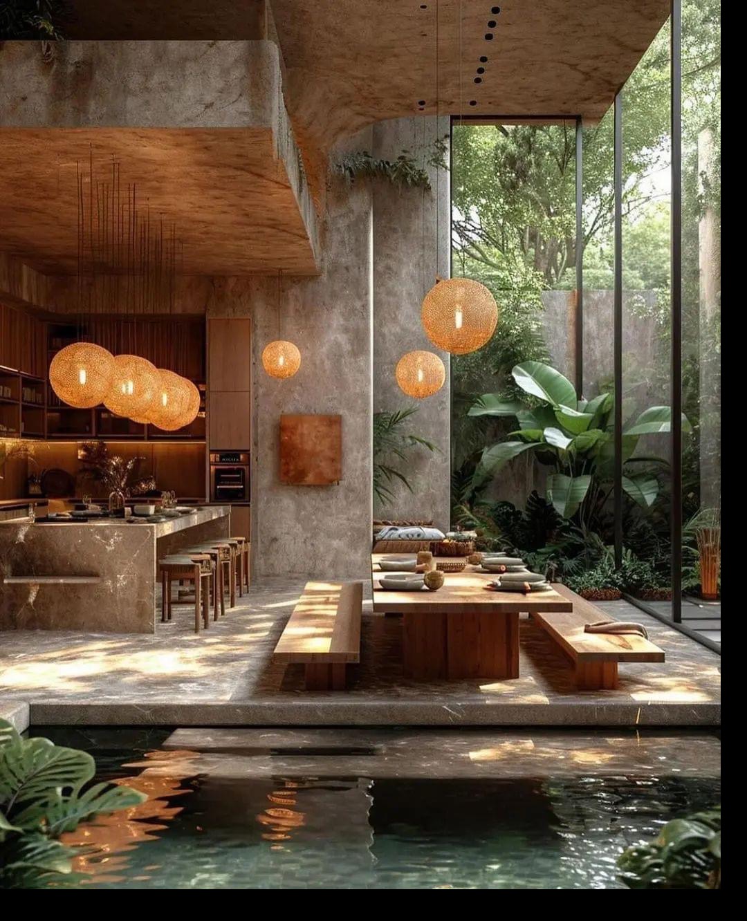 Minimalistyczna kuchnia i jadalnia w stylu zen z elementami betonu architektonicznego, drewnianymi meblami, wiszącymi lampami z abażurami i stawem w podłodze, otoczona bujną roślinnością widoczną...