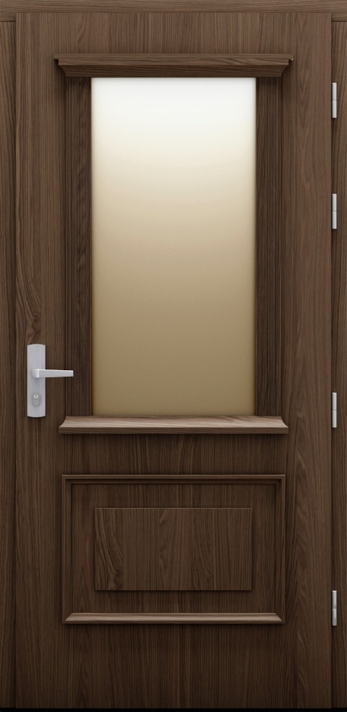 Ciemnobrązowe drzwi wewnętrzne z prostokątnym przeszkleniem i srebrną klamką, widoczne zawiasy.
