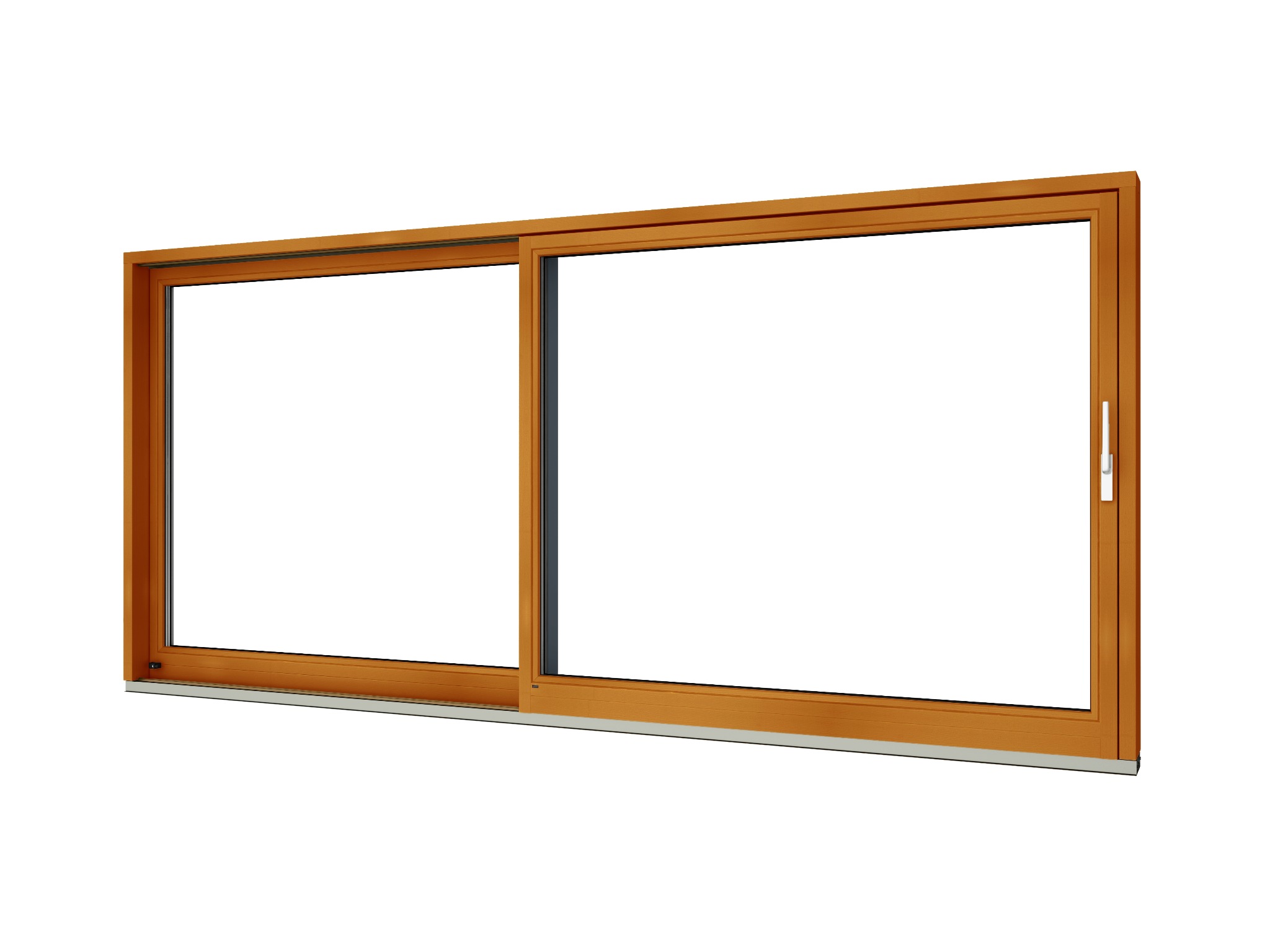 Dwuskrzydłowe okno przesuwne z ramą w odcieniu jasnego drewna, widok z boku na białym tle, widoczny srebrny próg i uchwyt okienny.