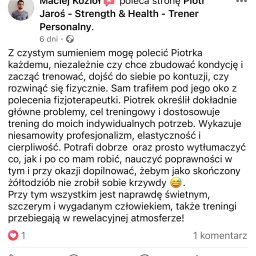 Opinia Macieja, którą można znaleźć na mojej stronie na FB: https://www.facebook.com/PiotrJarosStrengthAndHealth