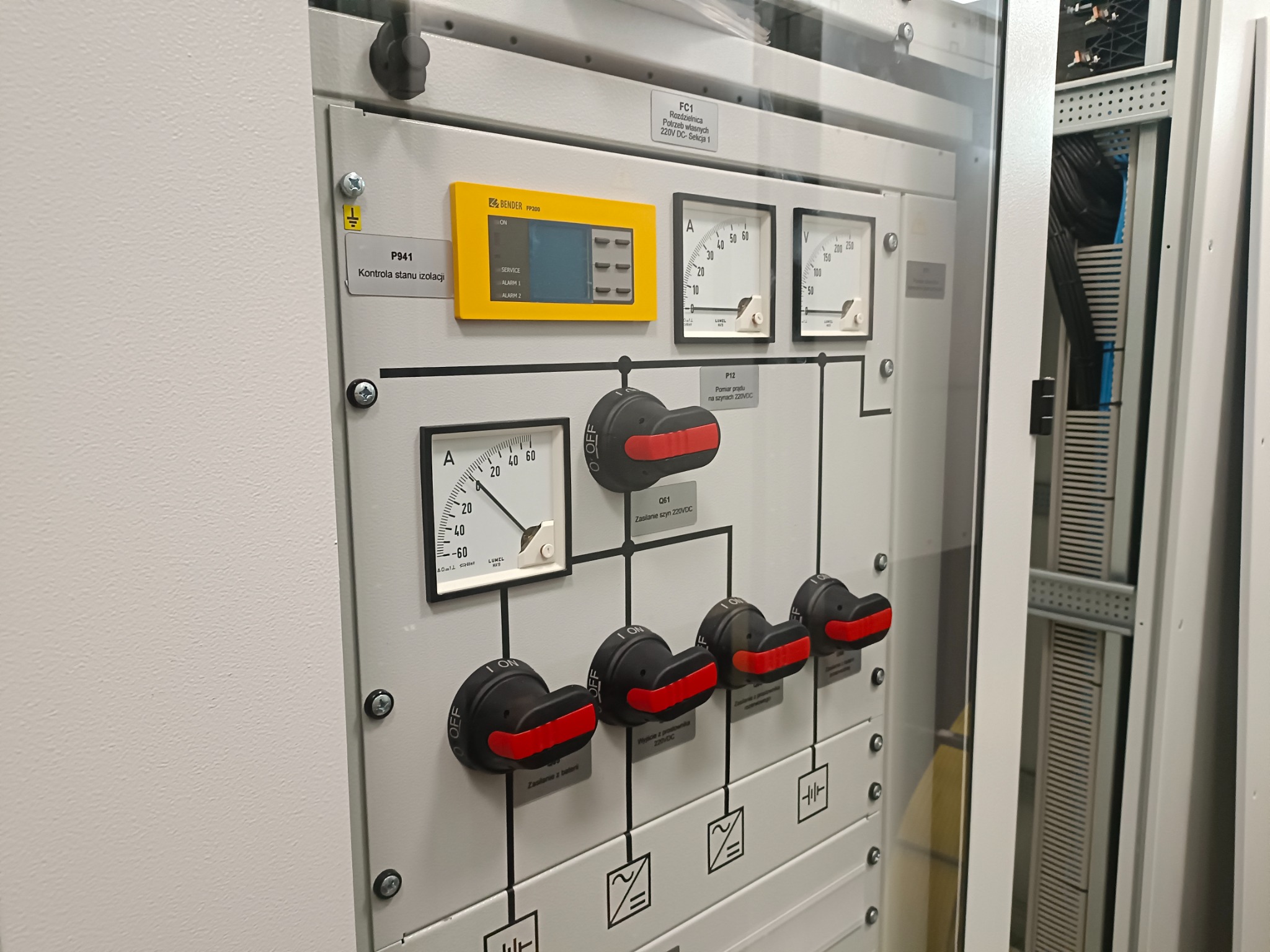 Szafa sterownicza z żółtym panelem Bender FP200, analogowymi miernikami prądu i napięcia oraz przełącznikami z czerwonymi dźwigniami, widok z boku na kable i szyny wewnątrz.