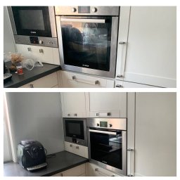 Swiezy Dom - Kuchnia z zabudową: piekarnik Bosch, kuchenka mikrofalowa, ekspres do kawy Saeco na blacie. Ujęcie przed i po.
