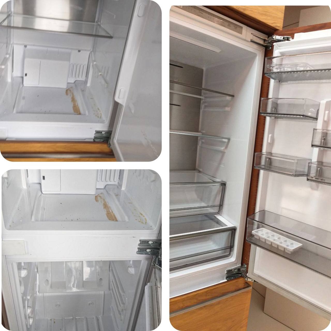 Otwarta lodówka z drewnianym wykończeniem, widoczne zabrudzenia na półkach i ściankach przed czyszczeniem.