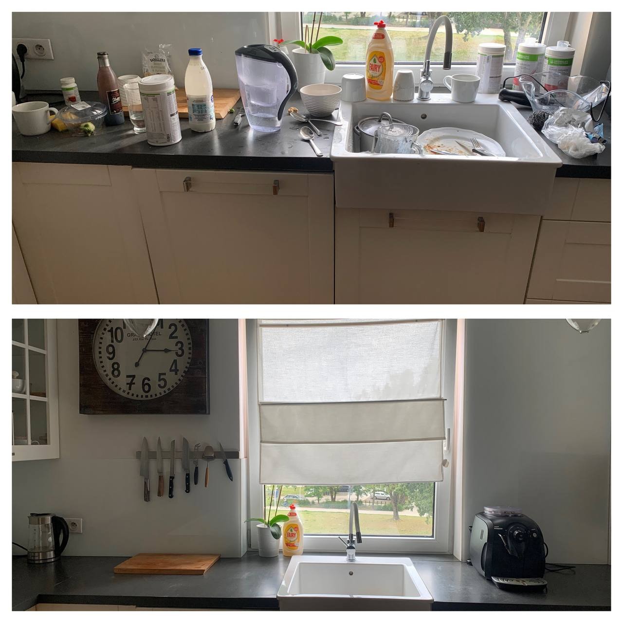 Dwa ujęcia tej samej kuchni: na górnym zdjęciu zlew pełen brudnych naczyń i bałagan na blacie, na dolnym zdjęciu czysty zlew i uporządkowany blat z widocznym ekspresem do kawy i zegarem na ścianie.