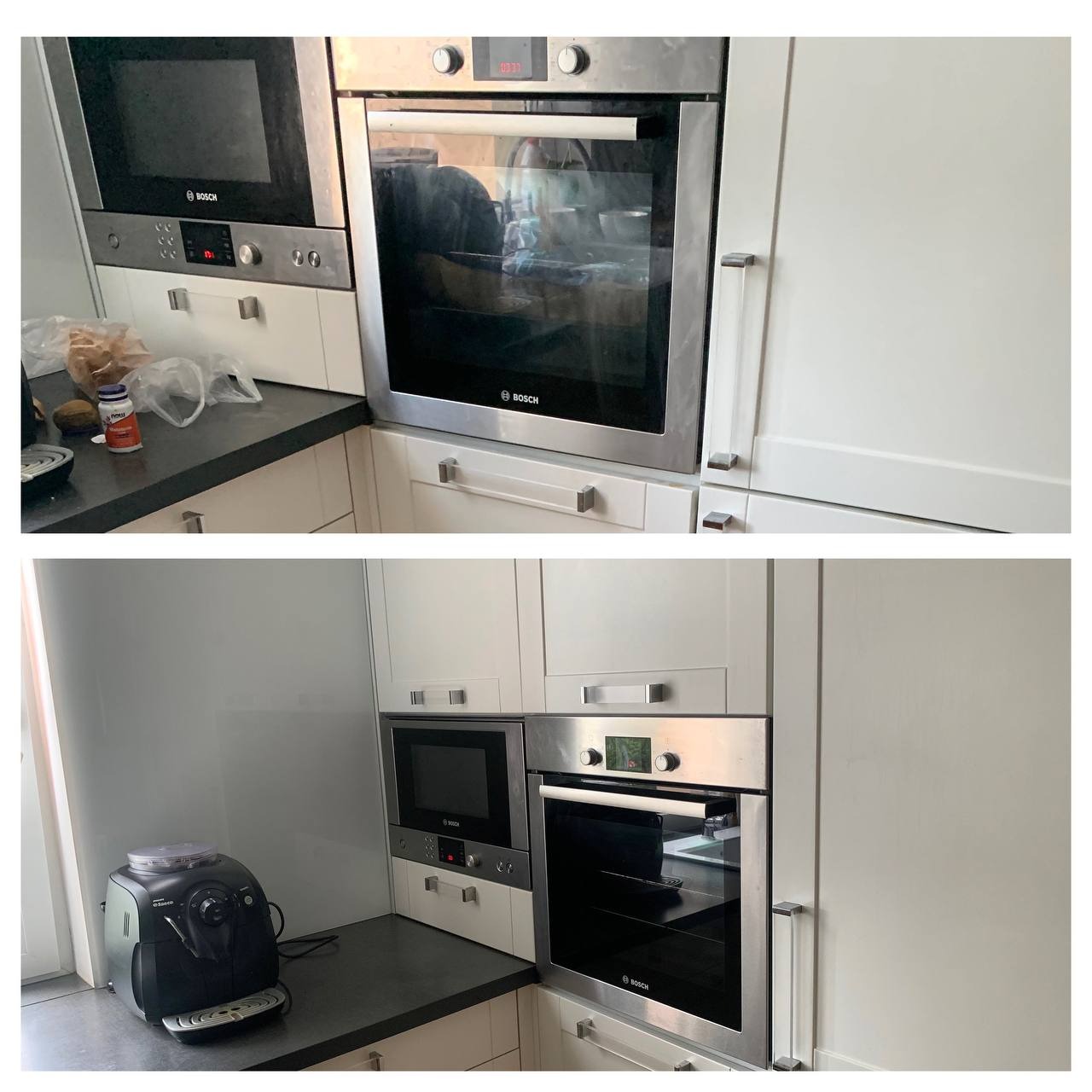 Kuchnia z zabudową: piekarnik Bosch, kuchenka mikrofalowa, ekspres do kawy Saeco na blacie. Ujęcie przed i po.
