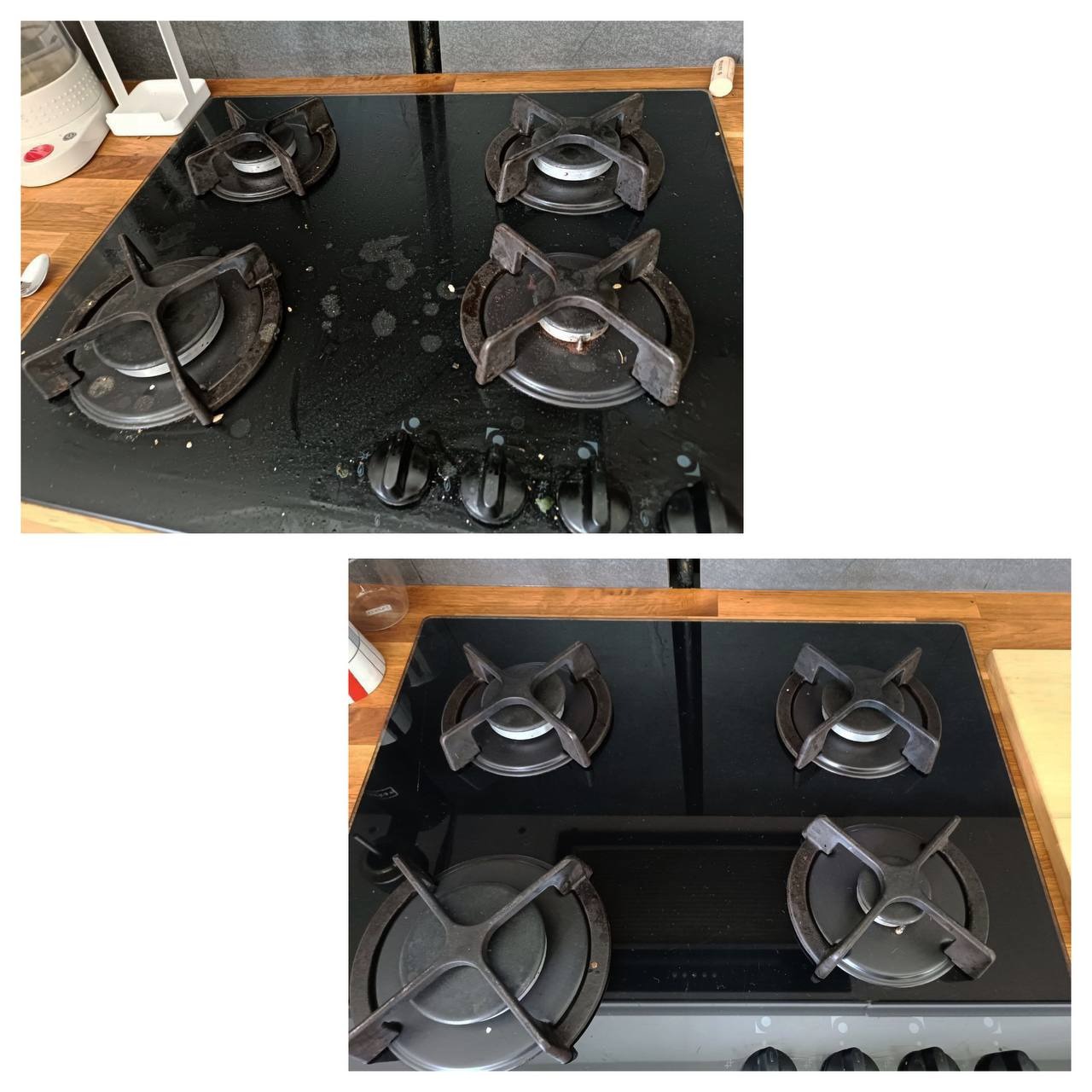 Dwa ujęcia tej samej czarnej płyty gazowej: górne przed czyszczeniem, z widocznymi zabrudzeniami i resztkami jedzenia, dolne po czyszczeniu, lśniące i bez śladów użytkowania.