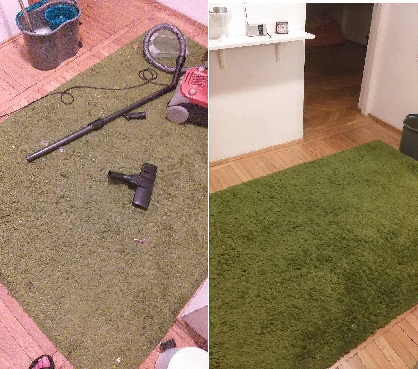 Zielony dywan shaggy przed i po odkurzaniu, widoczne różnice w czystości, odkurzacz i wiadro z mopem w tle.