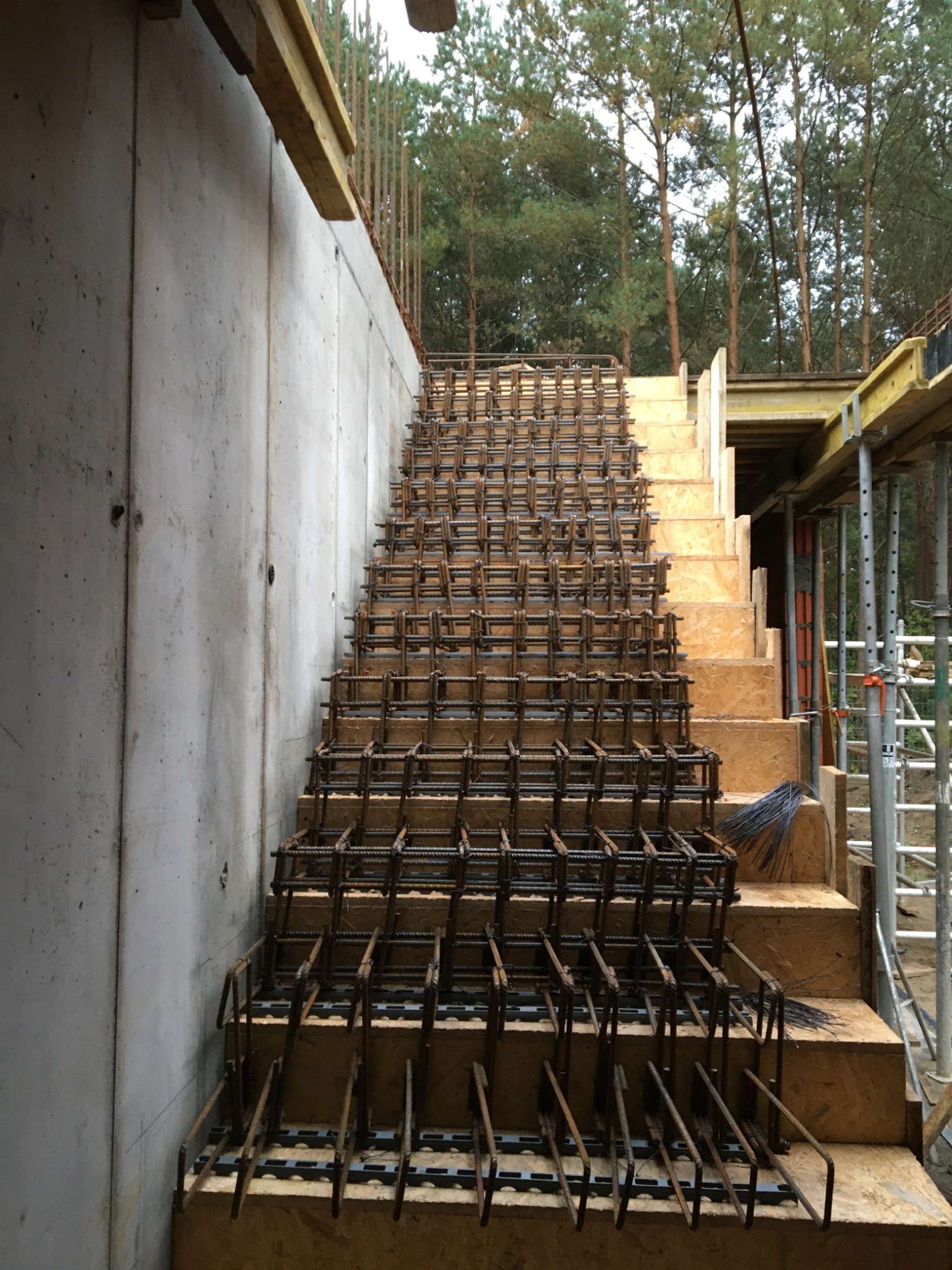 Szare betonowe ściany piwnicy z drewnianymi schodami w szalunku zbrojonym stalą, widok z dołu na zewnątrz budynku w trakcie budowy.