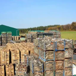 Stosy pociętego drewna ułożonego w metalowych koszach i na paletach, na placu składowym z zielonym budynkiem magazynowym w tle, widok z góry.