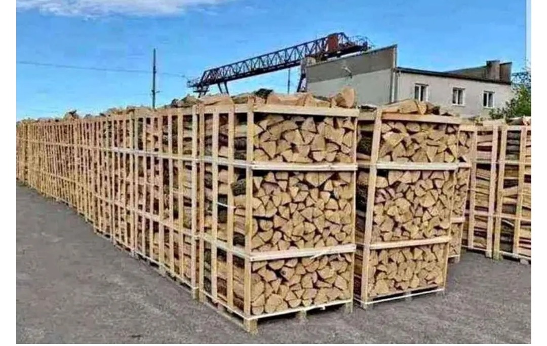 Długi rząd drewnianych skrzyń wypełnionych pociętym drewnem ułożonych na paletach, na betonowym placu, w tle budynek i suwnica.