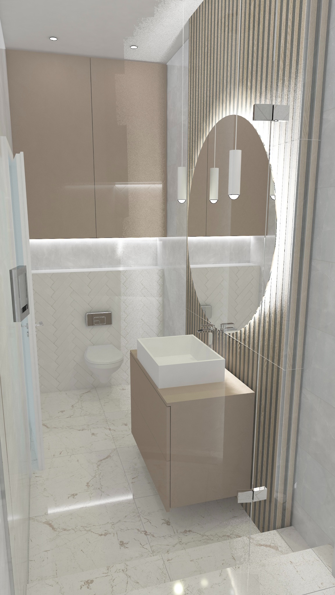 Nowoczesna łazienka z beżowymi szafkami, owalnym lustrem z podświetleniem, białym blatem umywalki, płytkami imitującymi marmur i drewnianymi panelami ściennymi.