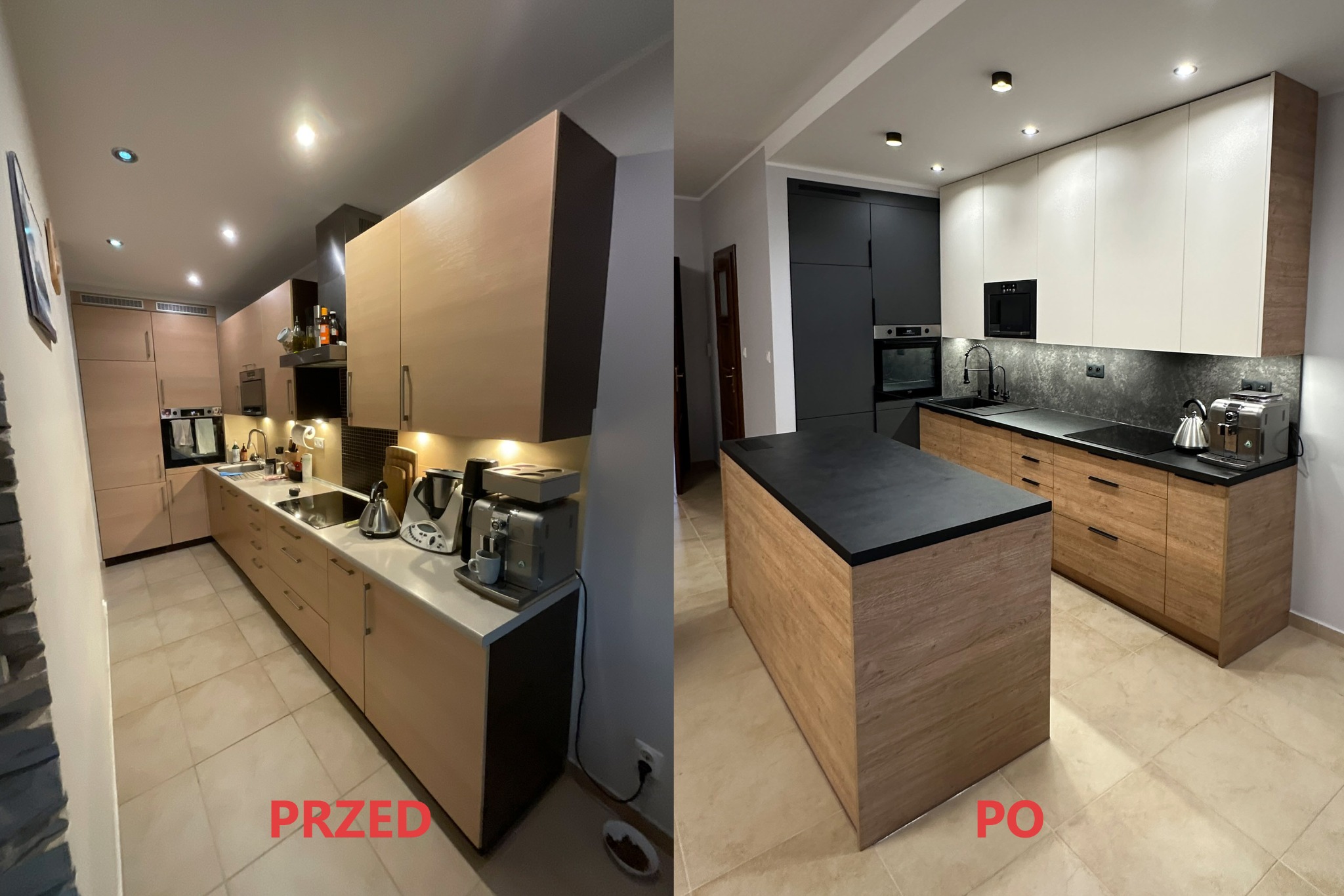 Porównanie kuchni przed i po renowacji: od jasnych, drewnianych frontów do nowoczesnej aranżacji z wyspą, czarnymi akcentami i oświetleniem punktowym.
