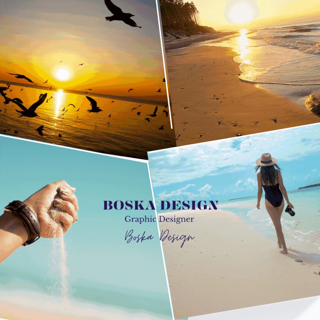 Kompozycja graficzna z czterech zdjęć: zachód słońca nad morzem z ptakami, piaszczysta plaża o wschodzie słońca, dłoń przesypująca piasek oraz kobieta w stroju kąpielowym idąca brzegiem morza...