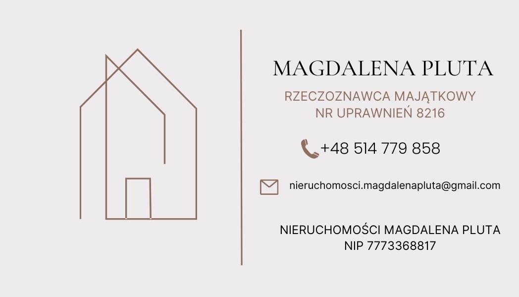 Minimalistyczne logo rzeczoznawcy majątkowego Magdalena Pluta, przedstawiające stylizowany zarys domu z numerem telefonu i adresem e-mail na jasnym tle.