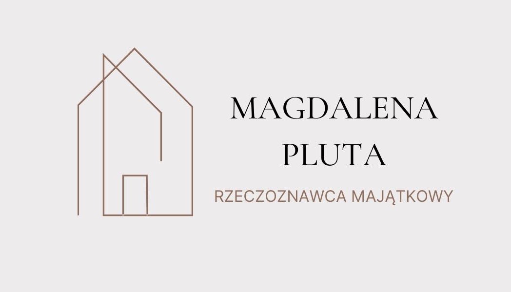 Logo rzeczoznawcy majątkowego Magdalena Pluta z minimalistycznym symbolem domu w kolorze beżowym na jasnym tle.