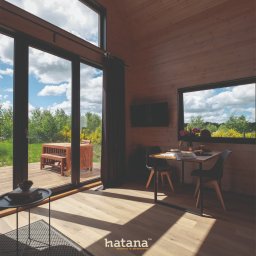 hatana - Wnętrze domu z drewnianymi ścianami i podłogą, widok na taras z drewnianymi meblami przez duże przesuwne okno, stół z kwiatami i przekąskami w środku, nowoczesny design z logo firmy na podłodze.