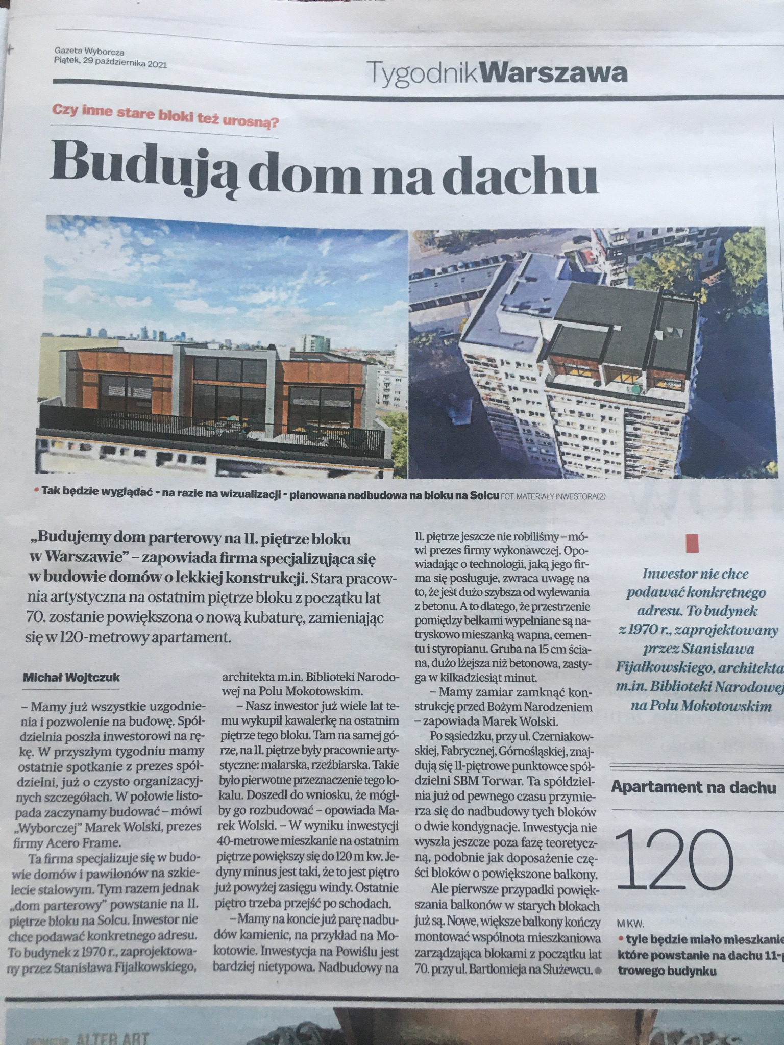 Artykuł prasowy o nadbudowie domu na dachu bloku mieszkalnego w Warszawie, z wizualizacją planowanej nadbudowy.