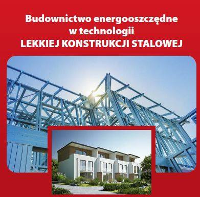 Wizualizacja domu w technologii lekkiej konstrukcji stalowej, nałożona na zdjęcie z budowy szkieletu budynku z metalu, widok z dołu na niebieskie niebo.